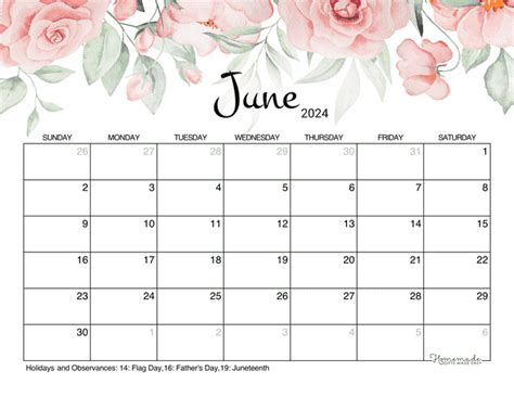 June 2024 Calendar Free Printable With Holidays