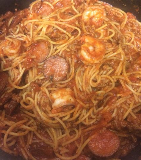 My spaghetti with ground beef, sausage & shrimp | Ground beef pasta ...