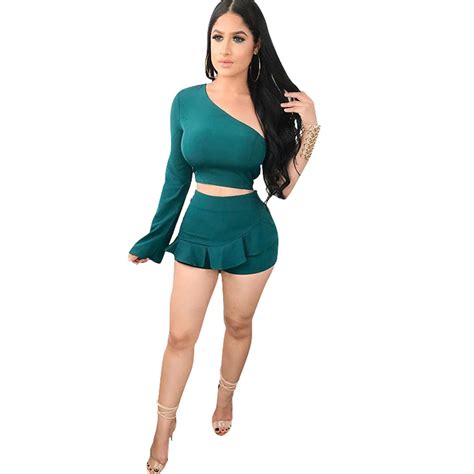 Women Two Piece Set Autumn Spring One Shoulder Crop Top And Shorts Set 2018 Sexy Ruffles Casual
