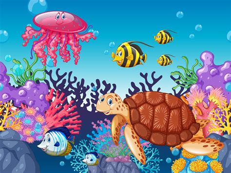 Cartoon Sea Animals Swimming Under The Ocean 669134 Vector