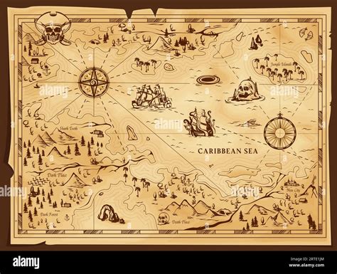 Old Pirate Map Vector Worn Parchment With Jolly Roger In Tricorn