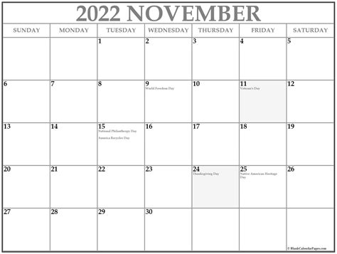 Free November 2022 Calendar With Holidays Printable Free Printable