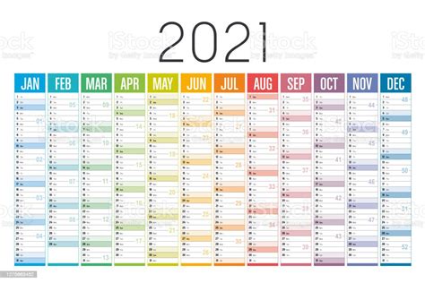 Year 2021 One Page Colorful Calendar Stock Illustration Download
