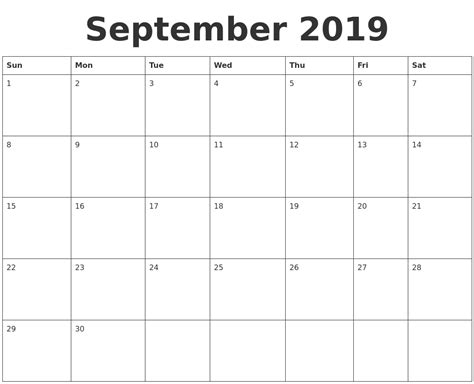 September 2019 Blank Calendar Template