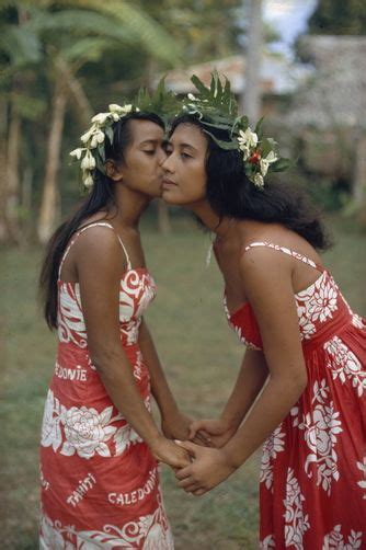 Women Exchange Cheek Kisses Tahiti Island Society Islands French Polynesia Luis Marden