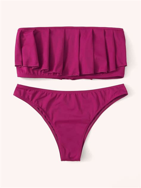 Purple Ruffle Bandeau Swimsuit Top With Low Rise Bikini Bottom