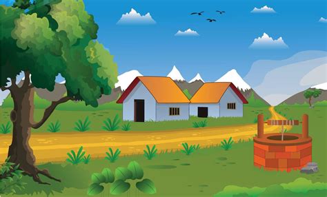 Village Cartoon Background Illustration With Old Style Cottage Well