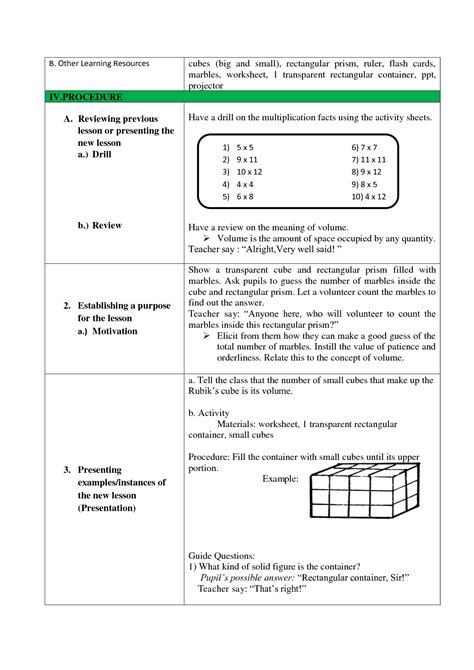 Solution Lesson Plan In Mathematics 5 Visualizing The Volume Of A Cube