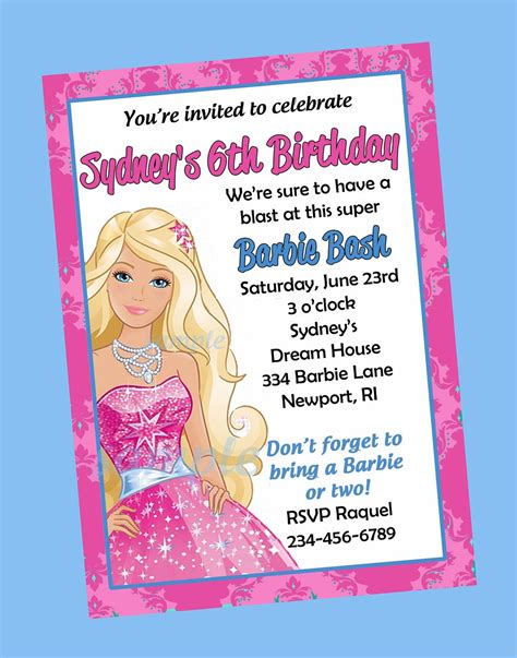 4in x 6in, 5in x 7in, and 6in x 9in. Free Print Barbie Invitations | Birthday Invitations ...