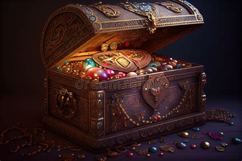 A Treasure Chest With A Lock Surrounded By Jewels And Gold Coins Stock