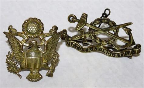 Two Vintage Military Hat Pins Brass Emblems Ebay