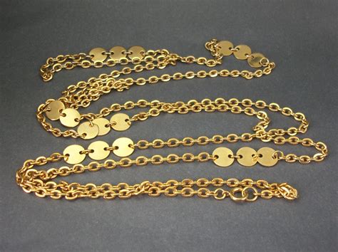 Vintage Long Gold Tone Chain Necklace Small Round Gold Circle Accents