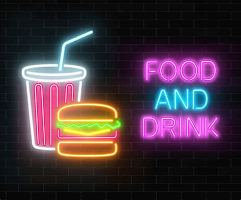 Premium Vector Neon Food And Drink Glowing Signboard On A Dark Brick Wall Burger And Plastic