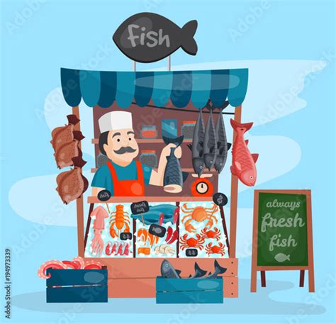 Fish Shop Vector Kiosk Street Retro Shop Store Market With Freshness