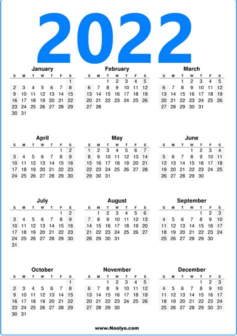 Calendar 2022 Printable One Page Blue