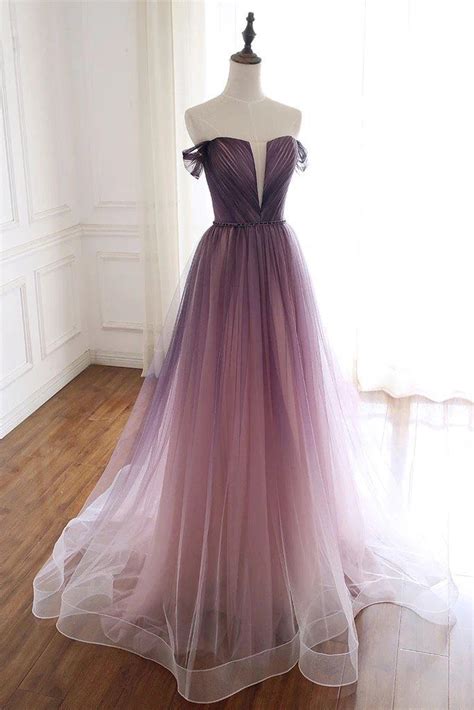 Unique Gradient Purple Tulle Long Prom Dress Off Shoulder Evening
