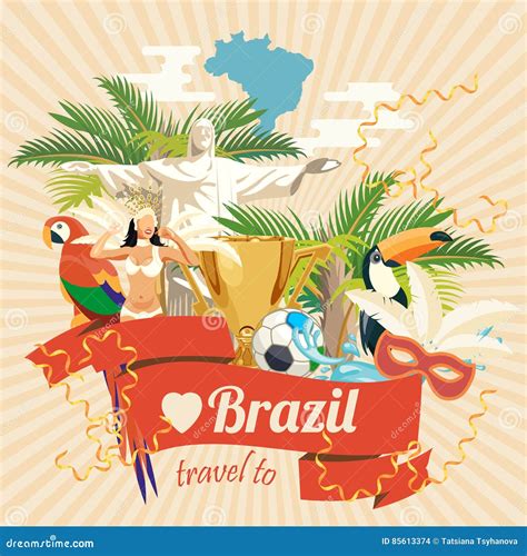 Vector Travel Poster Of Brazil Poster In Retro Style With Brazilian