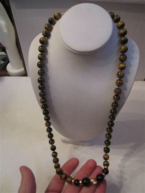 K Gold And Tiger Eye Stone Bead Necklace G Tw Long Sc