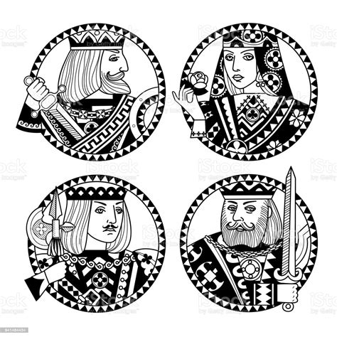 For custom card game questions, it would be better for their respective. Round Shapes With Faces Of Playing Cards Characters In Black And White Colors Stock Illustration ...