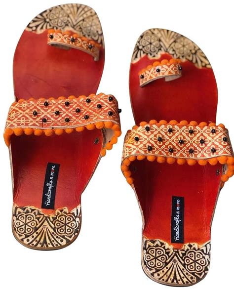 Handicrafts N More Orange Kolhapuri Chappals Leather Sandals Women