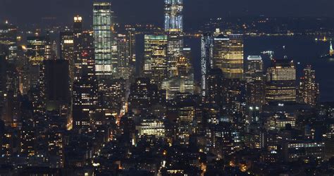 New York City Aerial Skyline View At Night Over Manhattan Stock Video