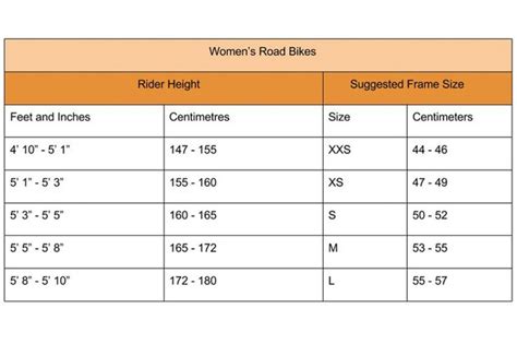 Womens Bicycle Sizes Chart