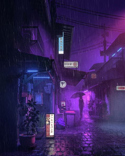 Hd Wallpaper Neon Rain Women Umbrella House Anime Urban Asia