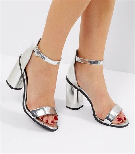 Silver Ankle Strap Block Heel Sandals New Look In 2023 Ankle Strap