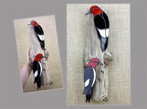 Stained Glass Red Headed Woodpeckers Stained Glass Bird Stained Glass Wall Sculpture Glass