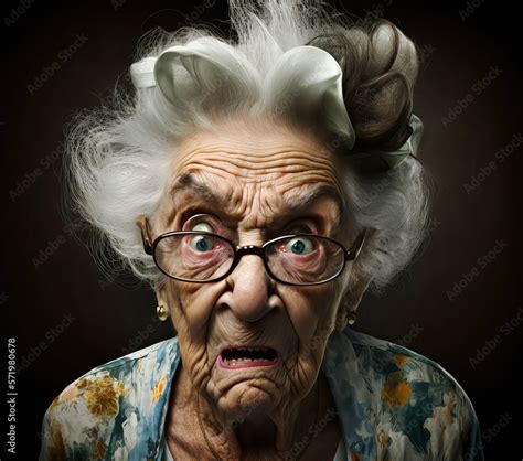 Cartoon Of Portrait Of Crazy Old Woman Ai Generated Stock Illustration