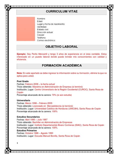 Formato Curriculum Empleos En Hondurasdocx Marketing Economias