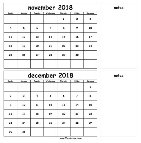 November December 2018 Calendar With Notes Editable Calendar