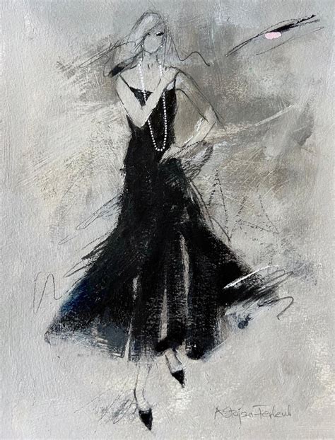 Andrea Stajan Ferkul Blowing In The Wind 8”x10” Artwork On Paper Black Dress And Pearls For