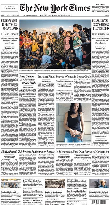 New York Times Front Page Oct 18, 2017 - Frank Report | Investigative ...