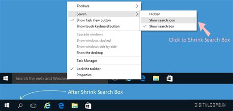 Shrink Or Hide The Search Box On The Windows 10 Taskbar