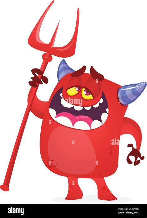 Cute Devil Cartoon Character Holding Trident Or Pitchfork Halloween