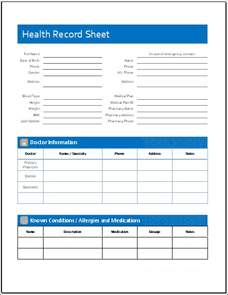Personal Health Record Sheet Template Download Excel File