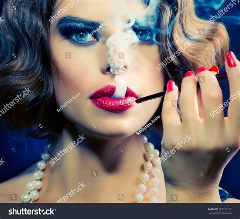 Smoking Retro Woman Portrait Beauty Girl Stock Photo