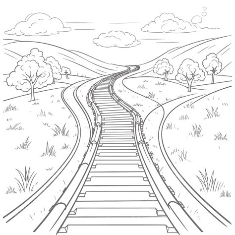 Railroad Track With Scenery And Landscape Drawing Coloring Page Outline