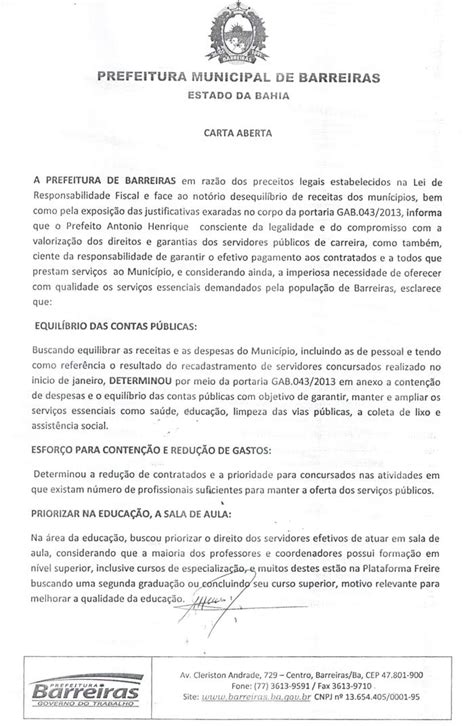 Carta Aberta Prefeitura De Barreiras Baprefeitura De Barreiras Ba