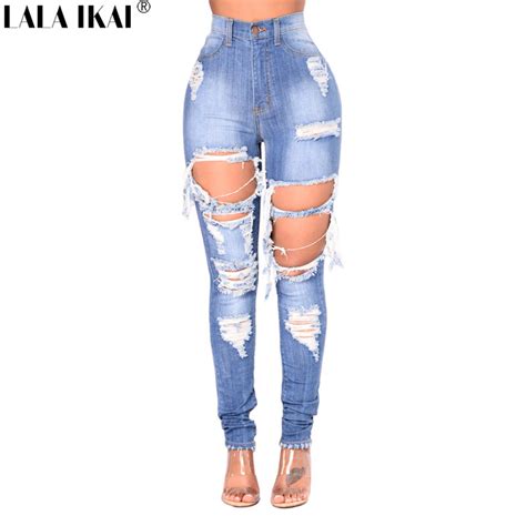 Lala Ikai Ripped Jeans For Women Blue Hole Plus Size Mom Jeans American