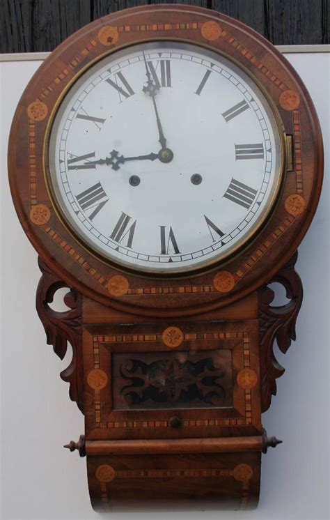 A Late 19thc American Walnut And Parquetry Drop Dial Wall Clock The