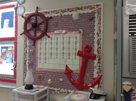 Vintage nautical flags inspired the choice of striped bed linens from pottery barn. Nautical themed classroom bulletin board with calendar ...