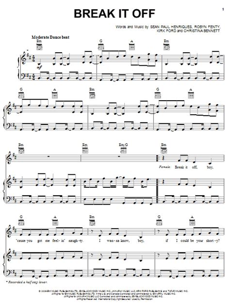 Break It Off Sheet Music Rihanna Piano Vocal And Guitar Chords Right Hand Melody