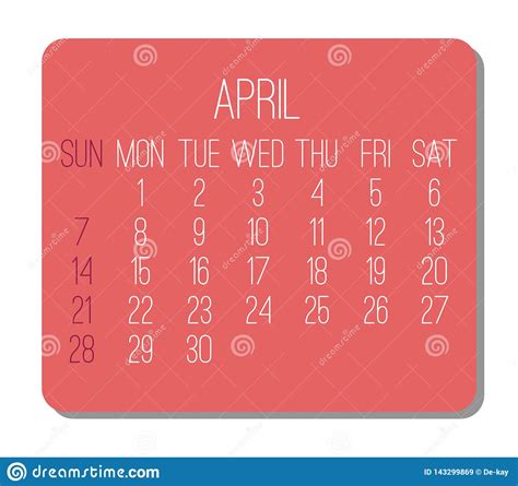 April Year 2019 Monthly Calendar Stock Vector Illustration Of Vector
