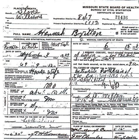 Our Britton Ancestors: Death Certificate for Hannah Catherine Odell Britton, 1919