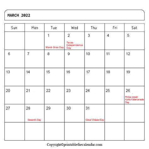 March 2022 Calendar With Holidays Free Printable Template