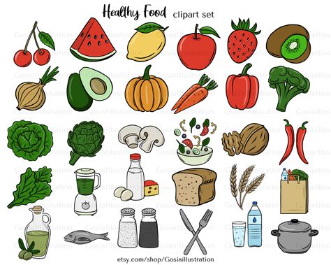 Healthy Food Clipart Set Hand Drawn Food Clipart Fruits And