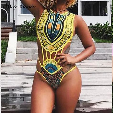 HELLO BEACH New One Piece Swimsuit Bandage Bodysuit African Printed Swimwear Female African
