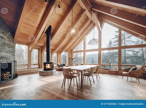 Wooden House In Forest Interior Design Of Modern Living Room With